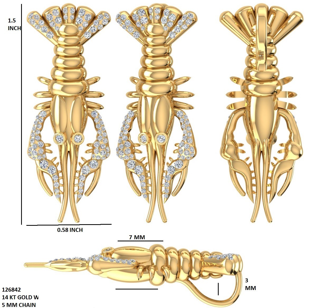 Jeweled lobster pendant multi-view CAD from 2023