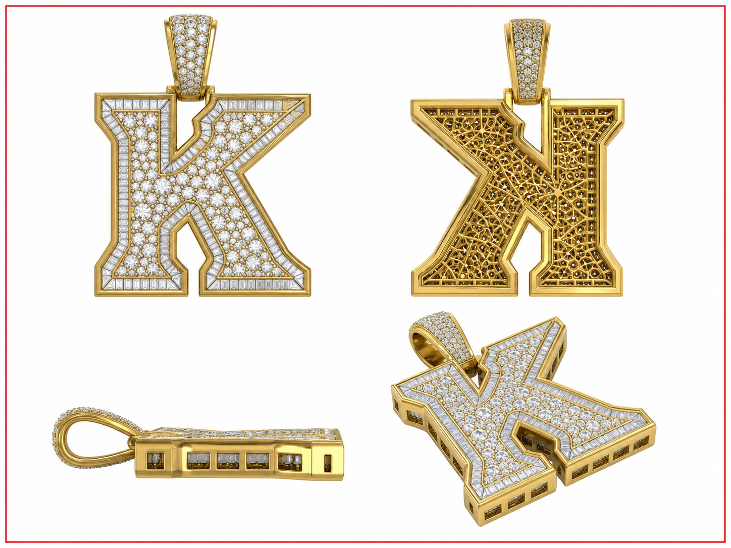 Heavy diamond and baguette letter K pendant multi-view CAD concept