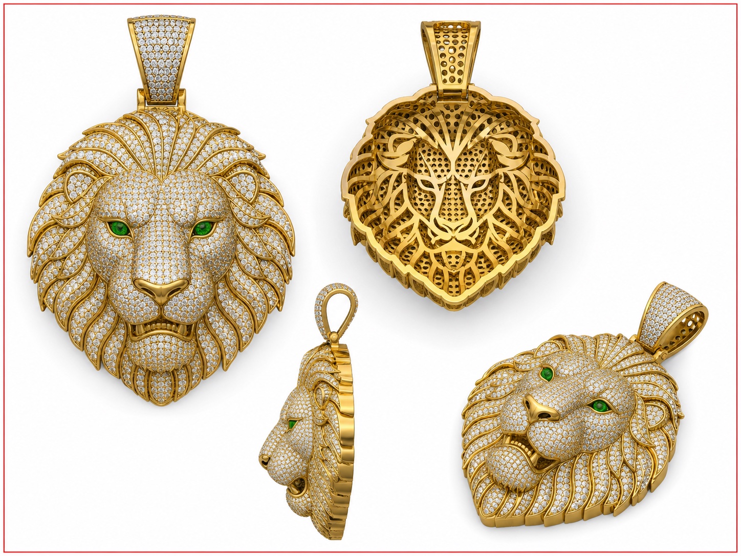 Oversized fully pavé lion medallion multi-view CAD concept