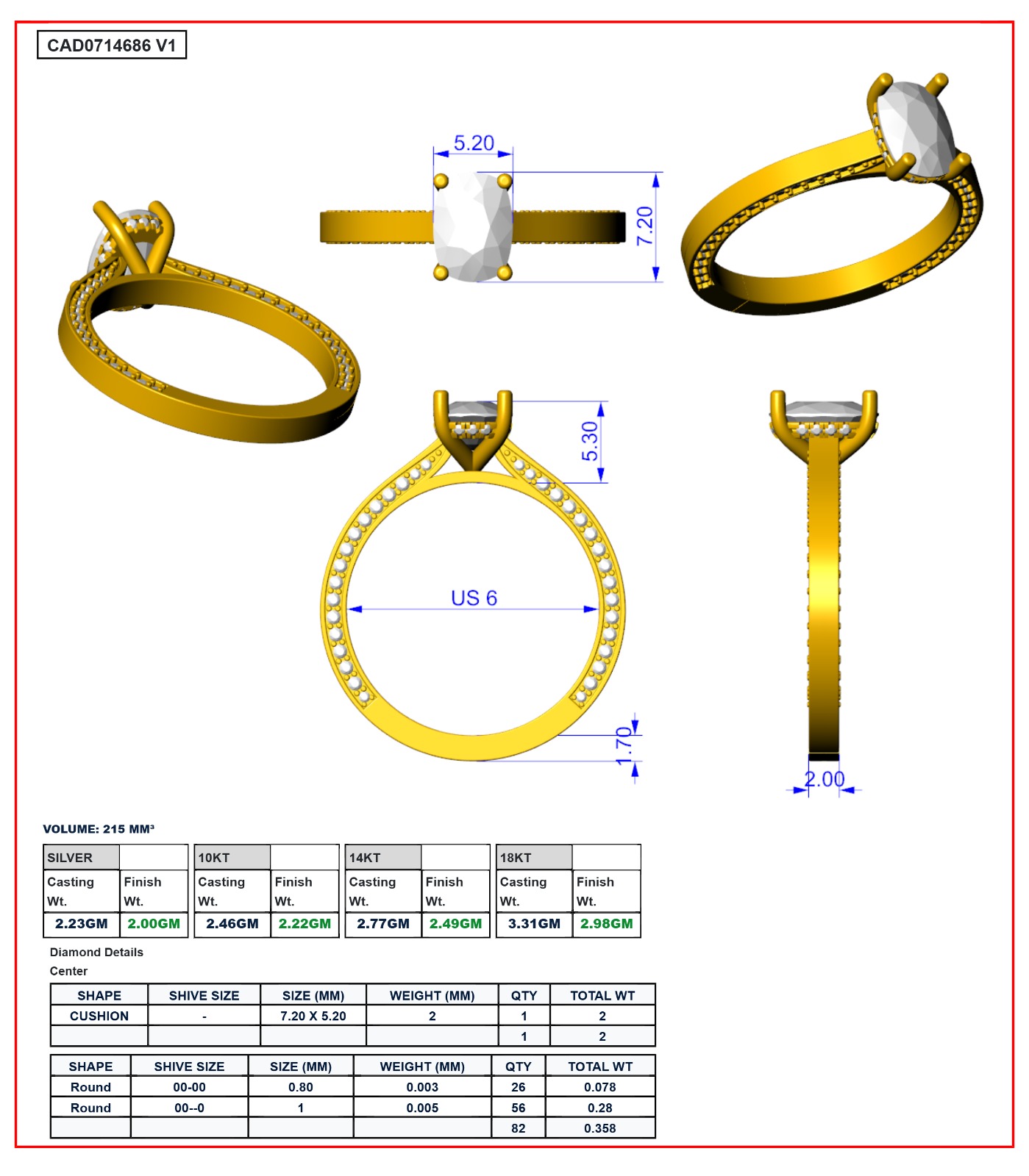 Oval center engagement ring technical CAD sheet