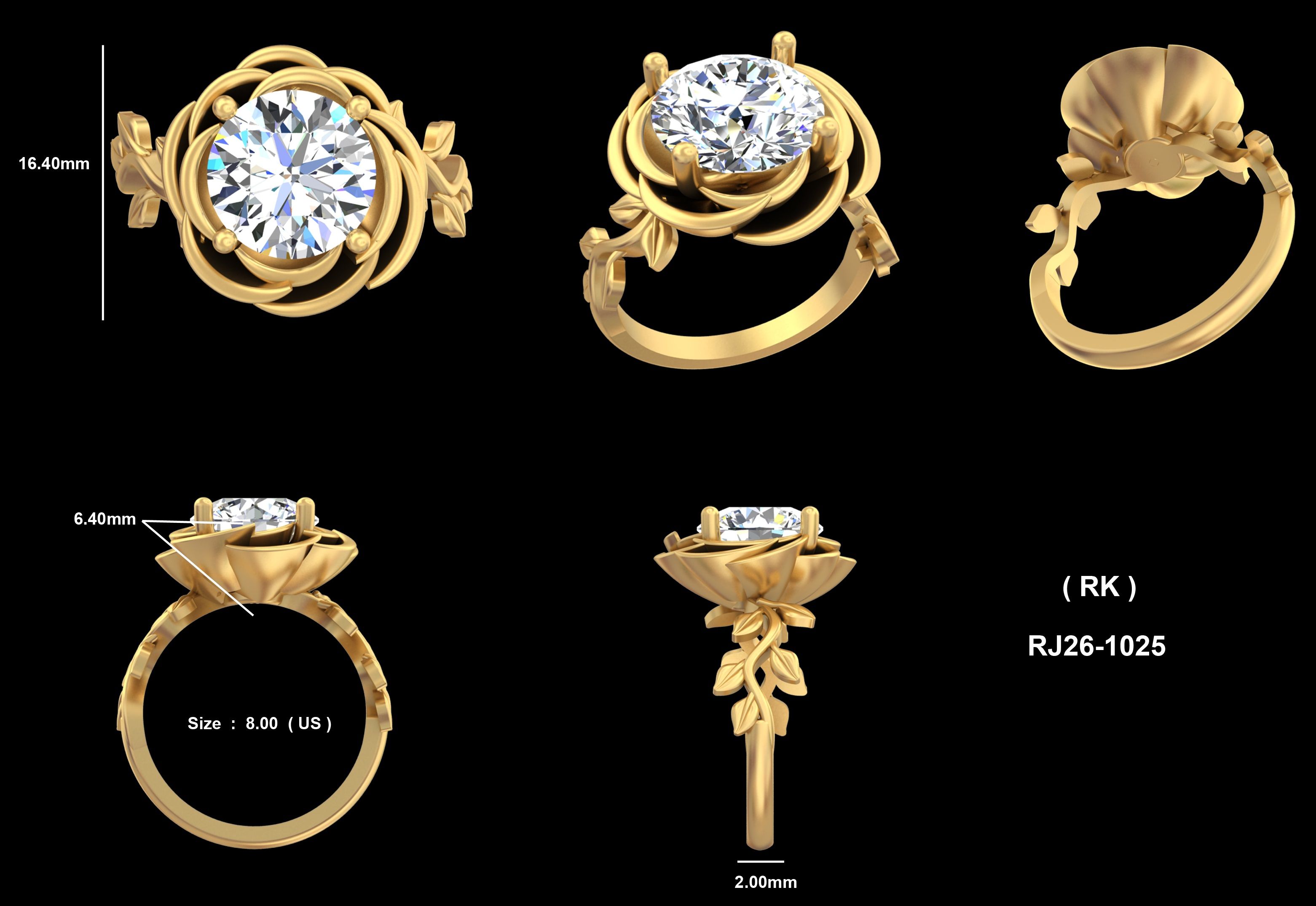 Multi-view floral ring CAD drawing