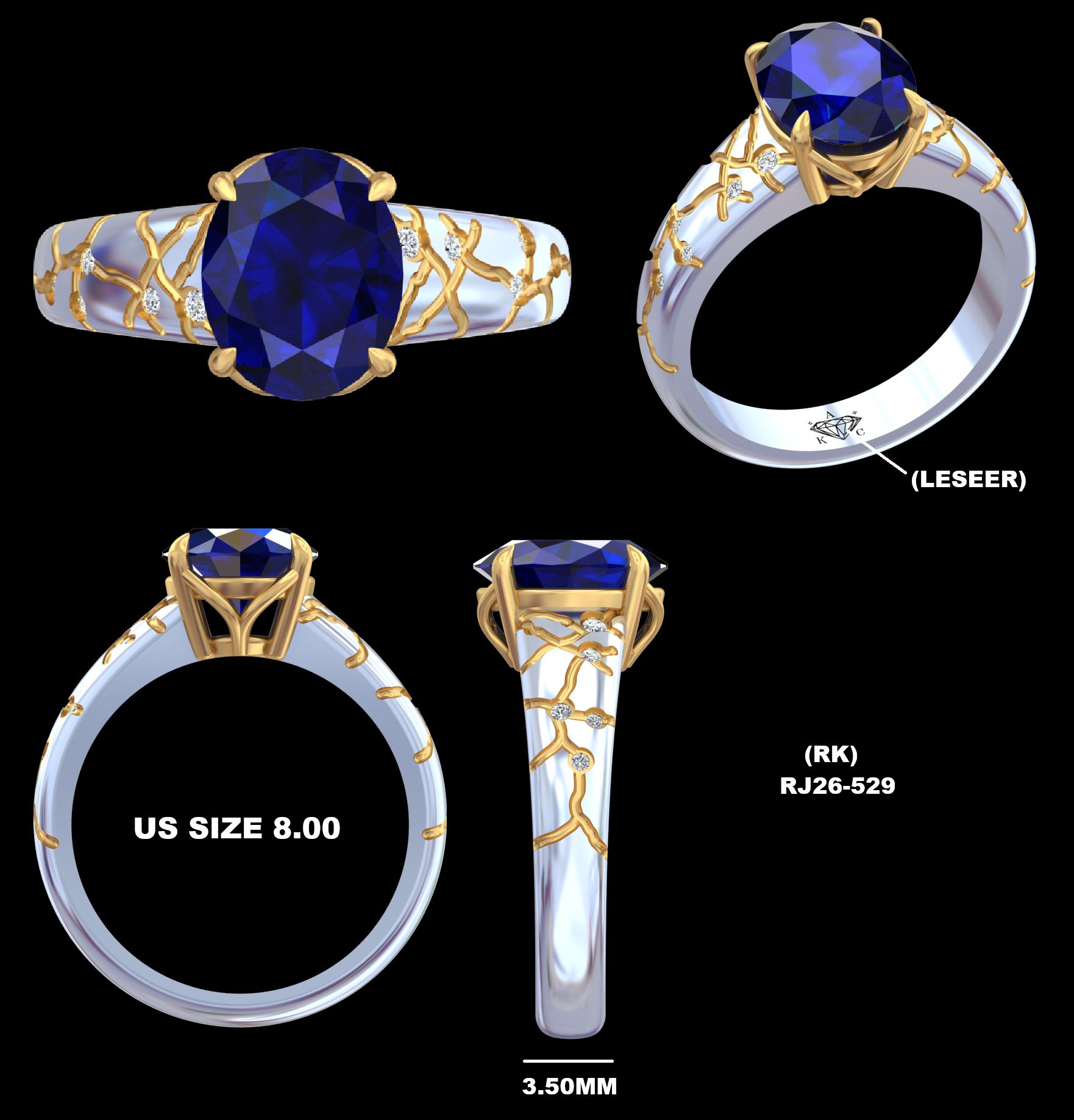 Two-tone sapphire ring CAD drawing