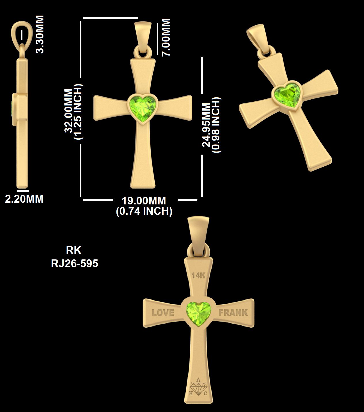 Gold cross pendant CAD drawing with heart-shaped gemstone