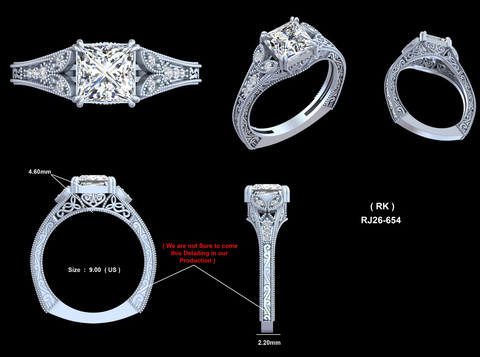 Vintage filigree engagement ring CAD drawing