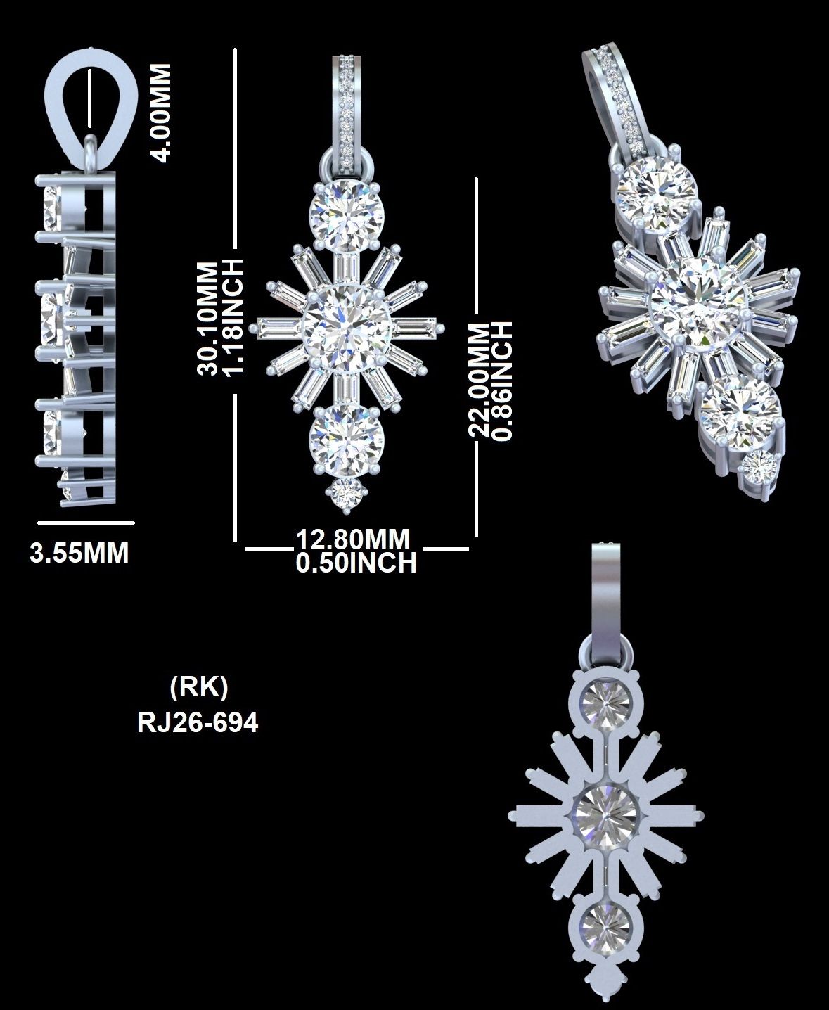 Sunburst diamond pendant CAD drawing
