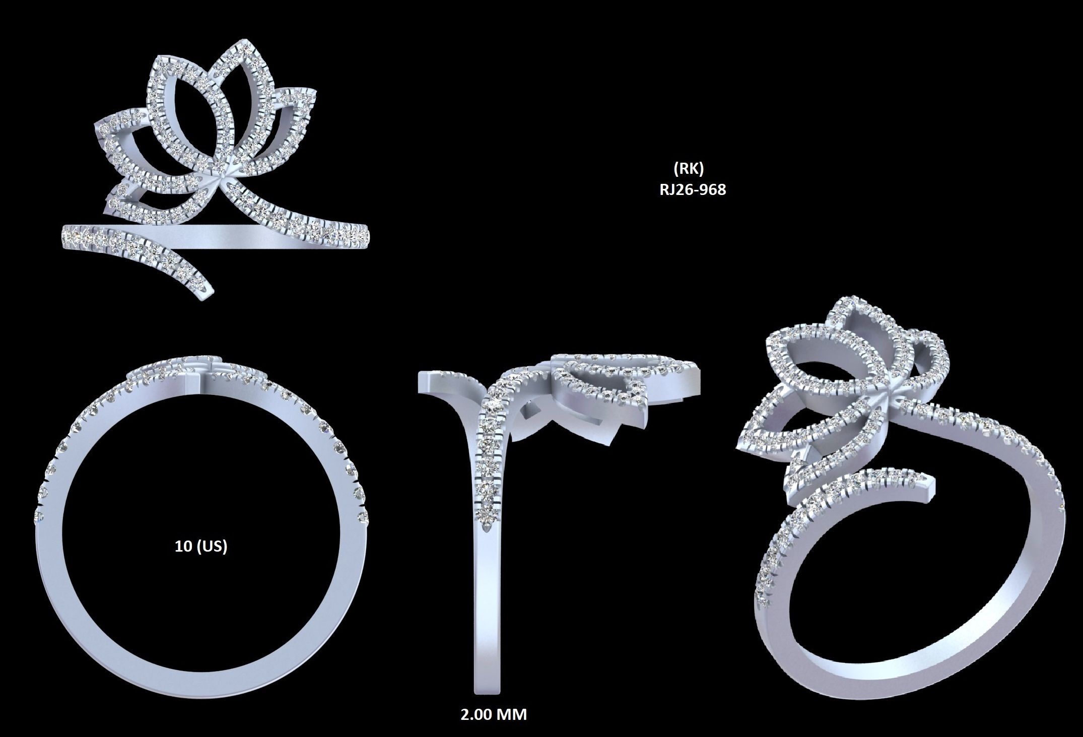 Diamond lotus ring CAD drawing