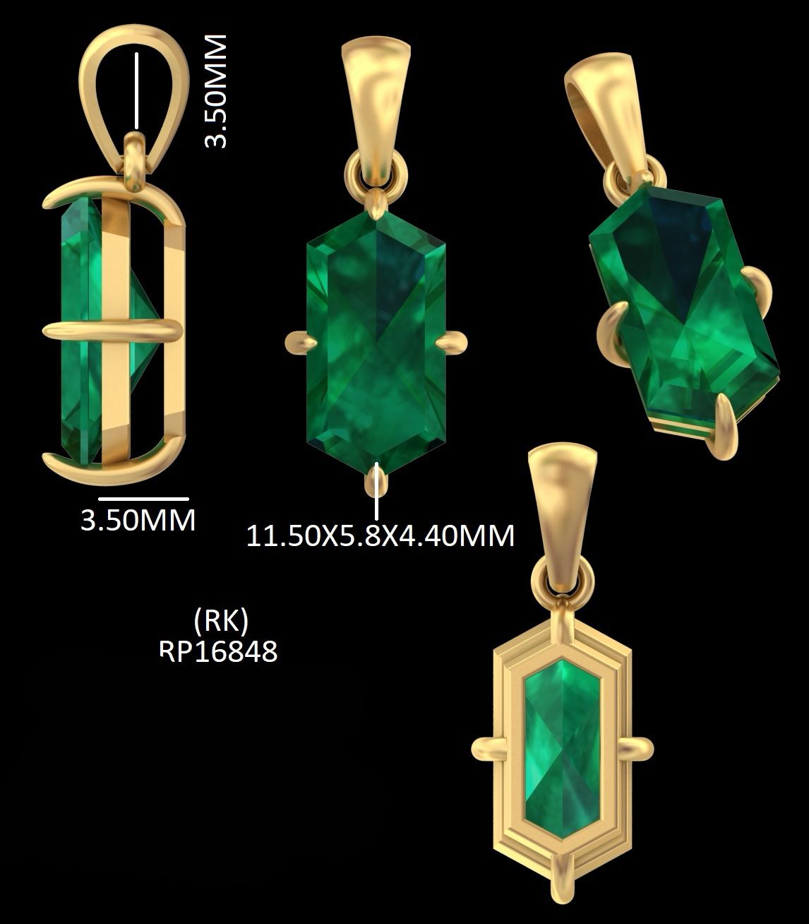Elongated green gemstone pendant CAD drawing