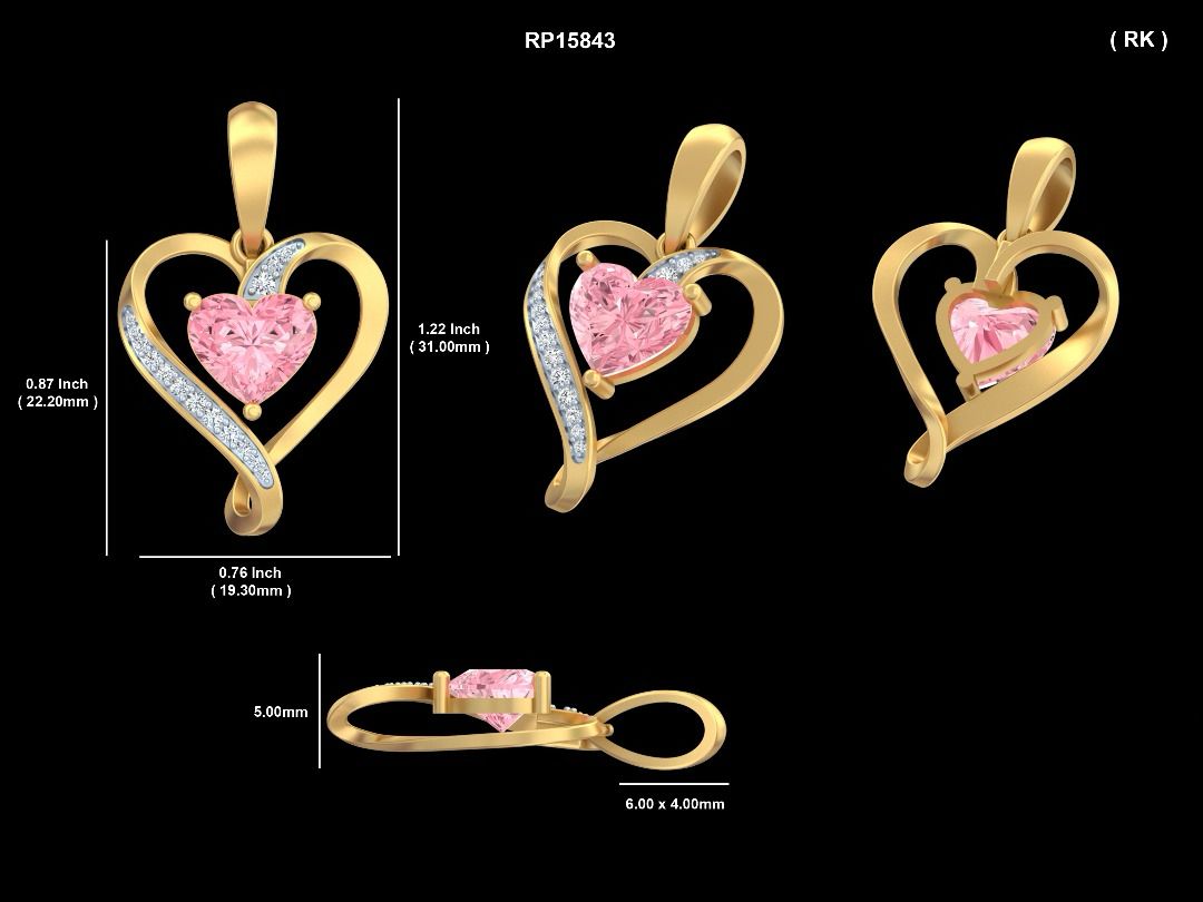 Heart-shaped pink gemstone pendant CAD drawing