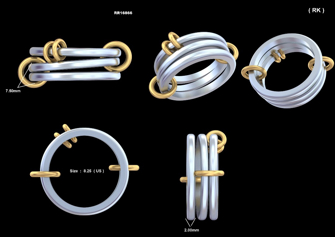 Sculptural two-tone multi-band ring CAD drawing