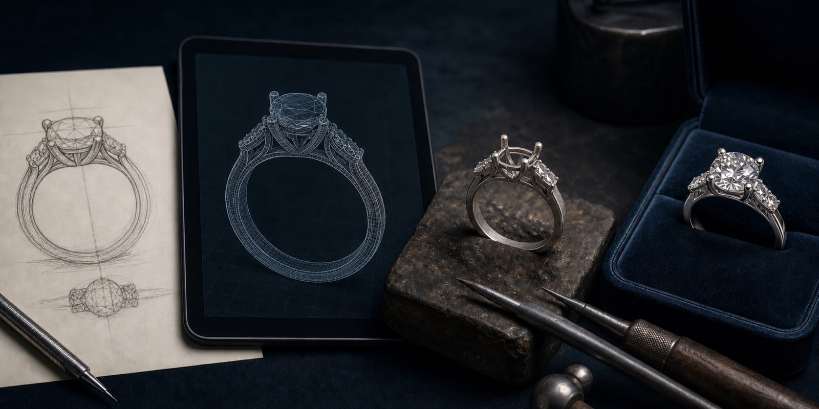 A custom engagement ring progressing from sketch and digital model to bench work and finished ring