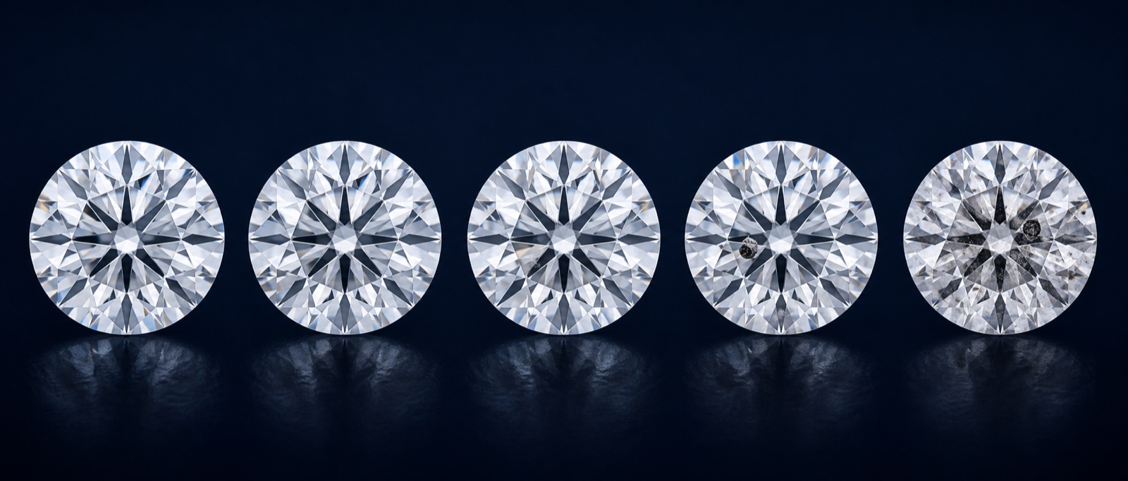 Five diamonds illustrating a progression from clean appearance to increasingly visible inclusions