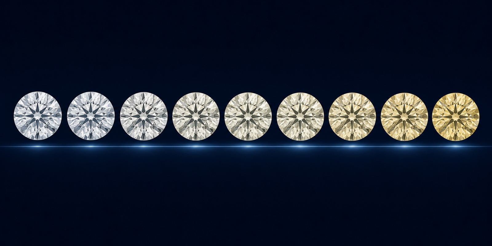 A progression of diamonds from colorless through increasingly warm tones