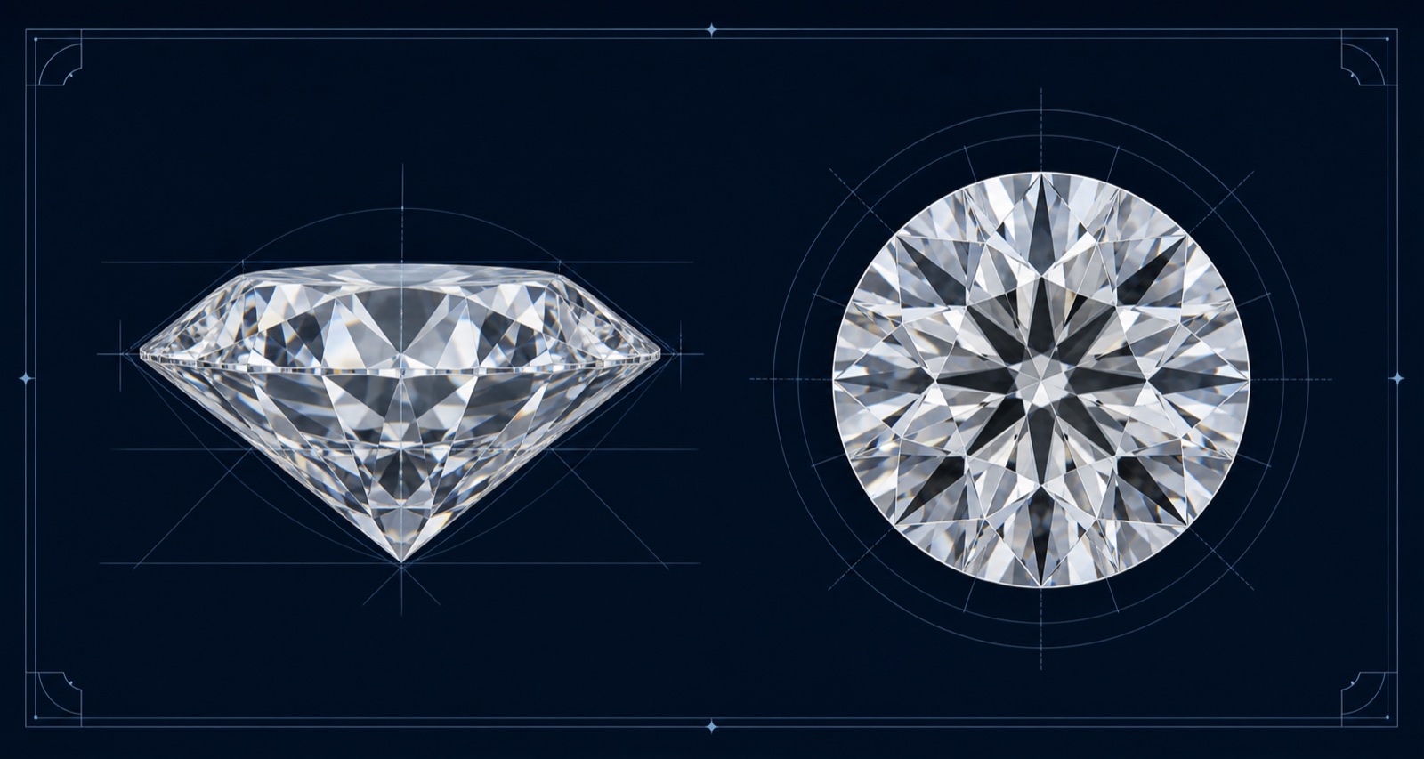 Round brilliant diamond shown from the side and from above to illustrate its facet arrangement