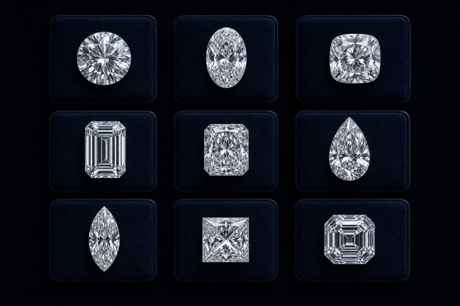 Nine loose diamonds illustrating round, oval, cushion, emerald, radiant, pear, marquise, princess, and Asscher shapes