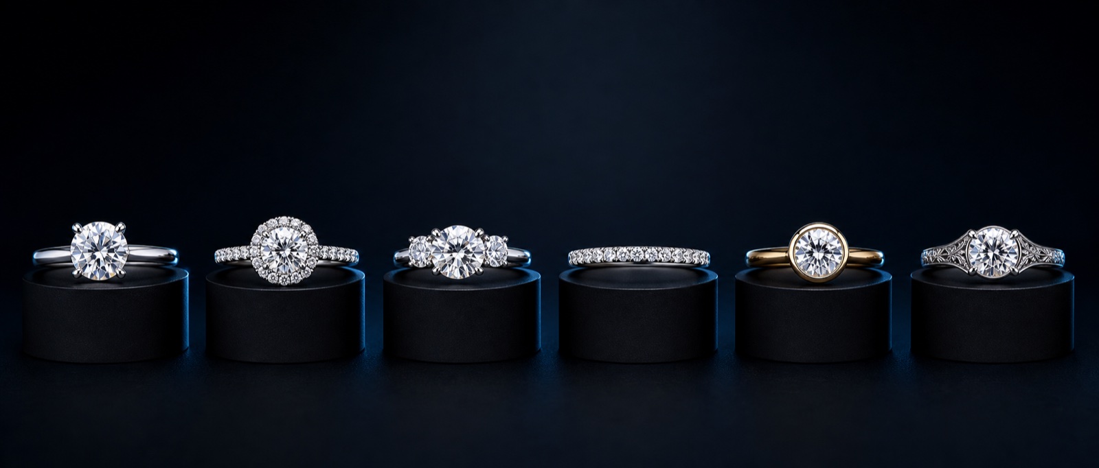 Six engagement rings illustrating solitaire, halo, three-stone, pavé, bezel, and vintage-inspired designs