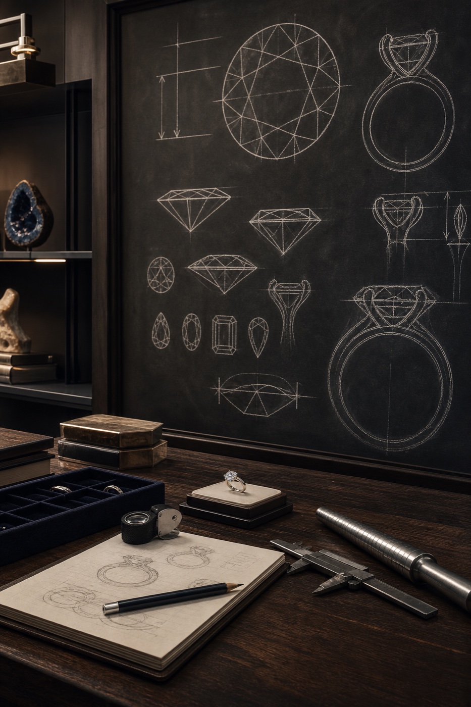Jewelry design classroom with diamond and engagement ring studies drawn on a chalkboard