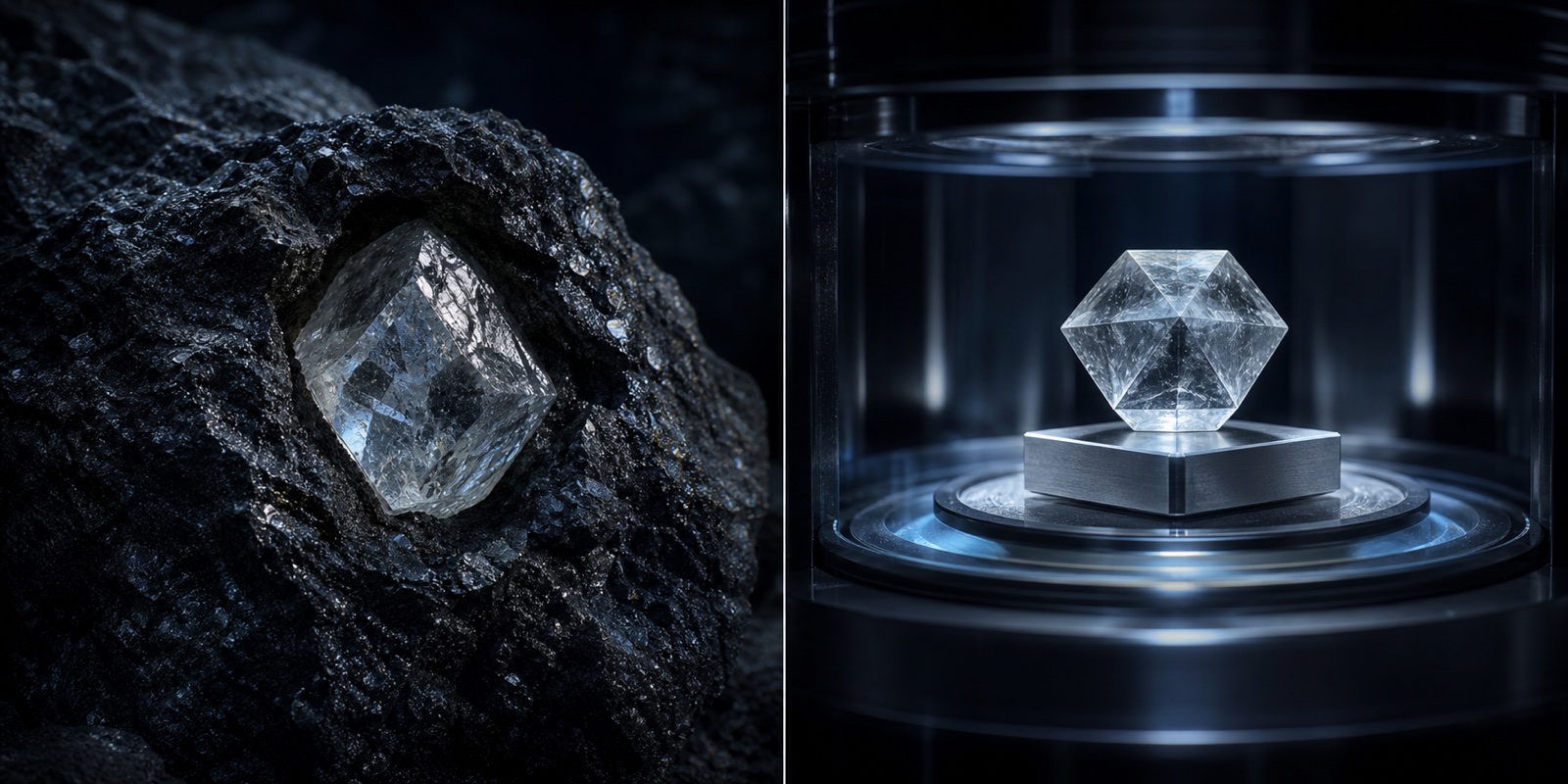 Natural diamond crystal in rock beside a laboratory-grown diamond crystal in a controlled chamber