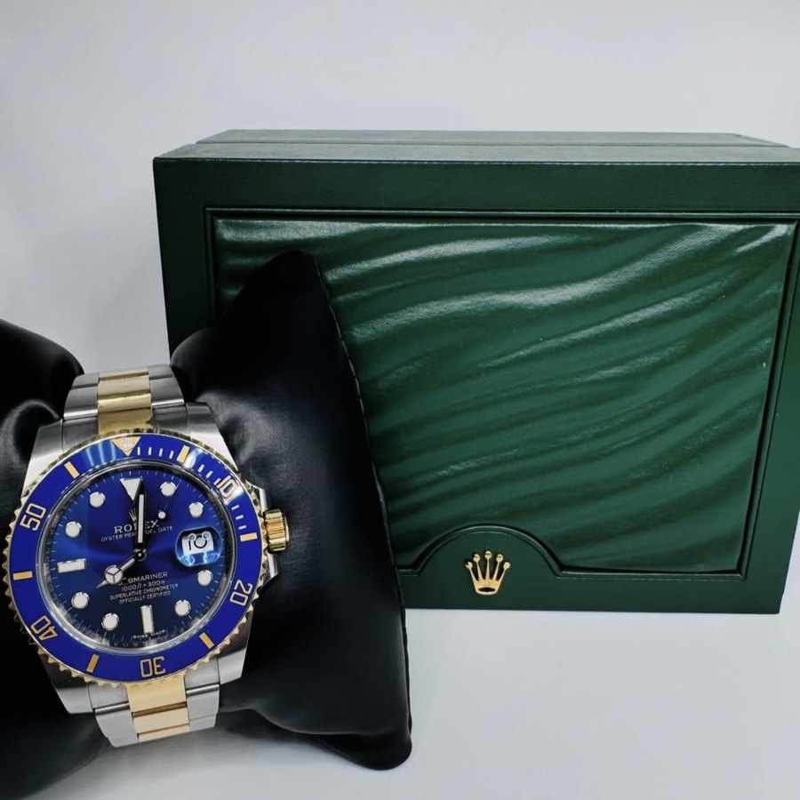 Blue-dial luxury watch with presentation box